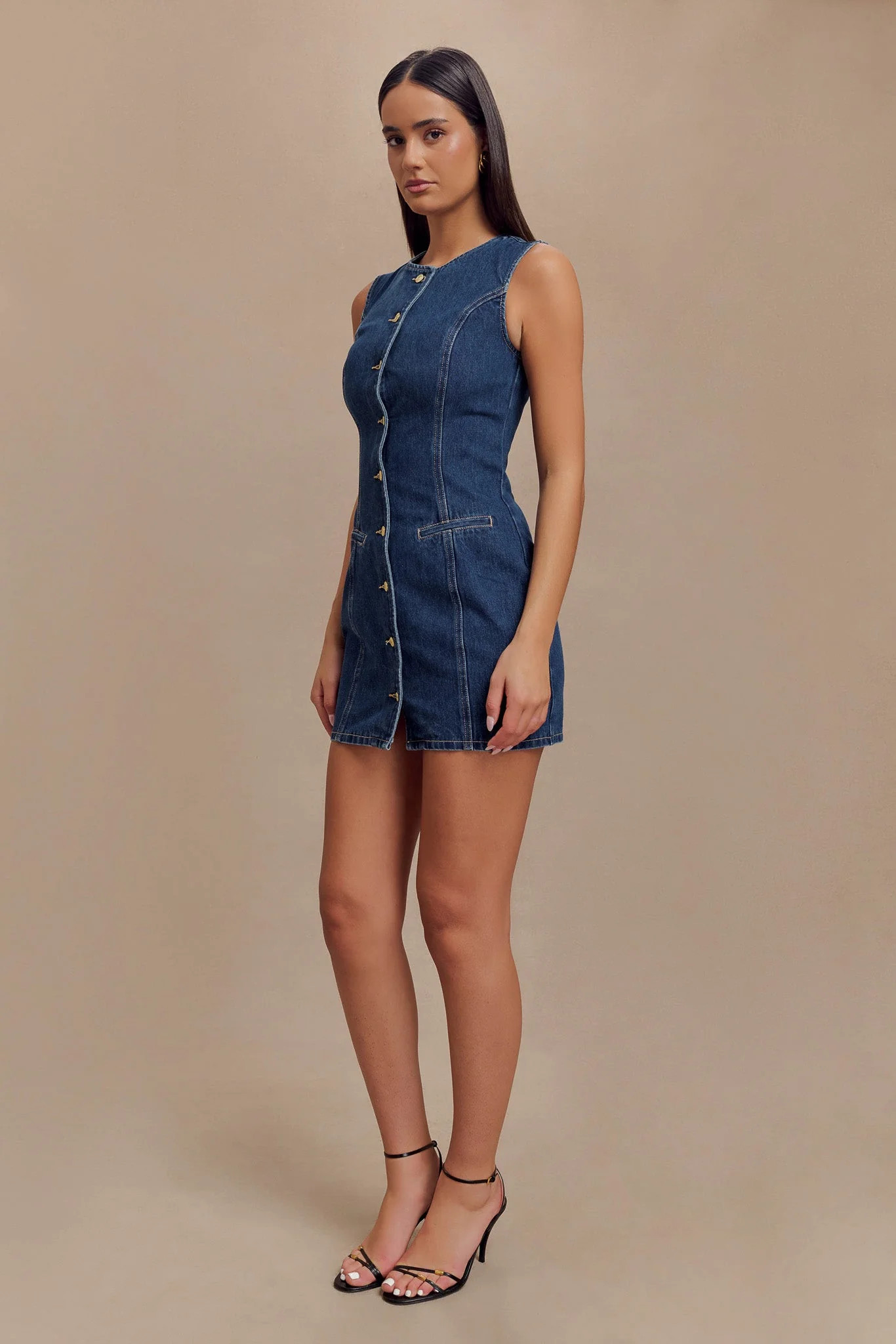 Button Down Denim Mini Dress - Dark Blue | MESHKI US