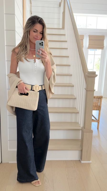 Small tall wide leg jeans (I’m 5’11”) use code RACHELXSPANX for a discount.  Linking a similar bodysuit. This wrap is perfect to wear in the evenings when it gets cool!  Sandals true to size.  

#LTKshoecrush #LTKsalealert #LTKover40