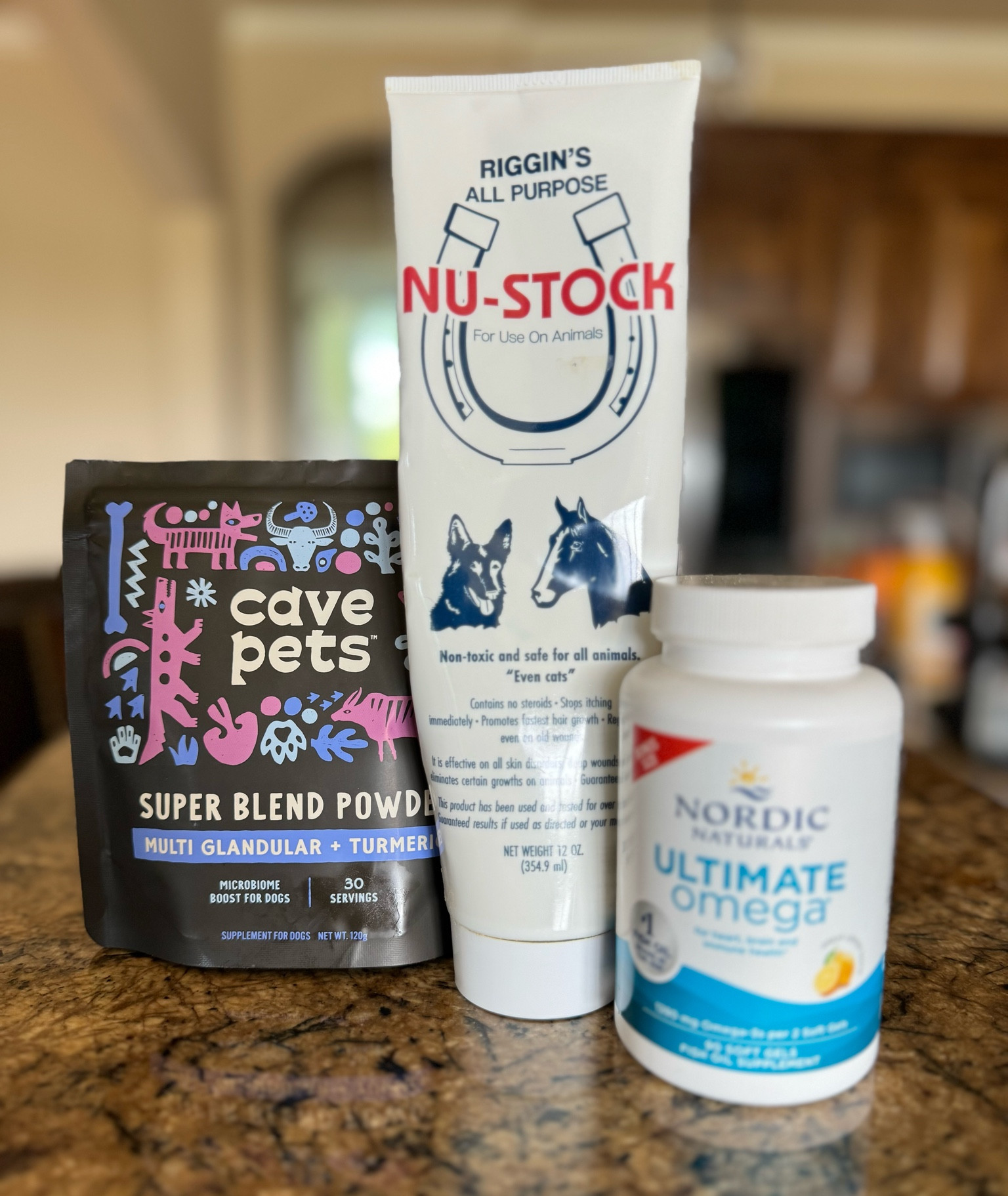 The winning combination that FINALLY got Farrah’s skin heading in the right direction!! We use the fish oil capsules twice daily, the probiotic twice daily, and Nu Stock ointment once every 3 days!