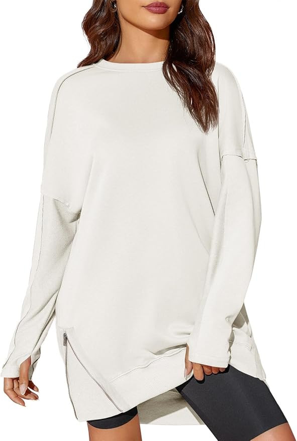 Fisoew Womens Oversized Sweatshirt Long Sleeve Crewneck Side Zipper Tunic Pullover Fall Tops with... | Amazon (US)