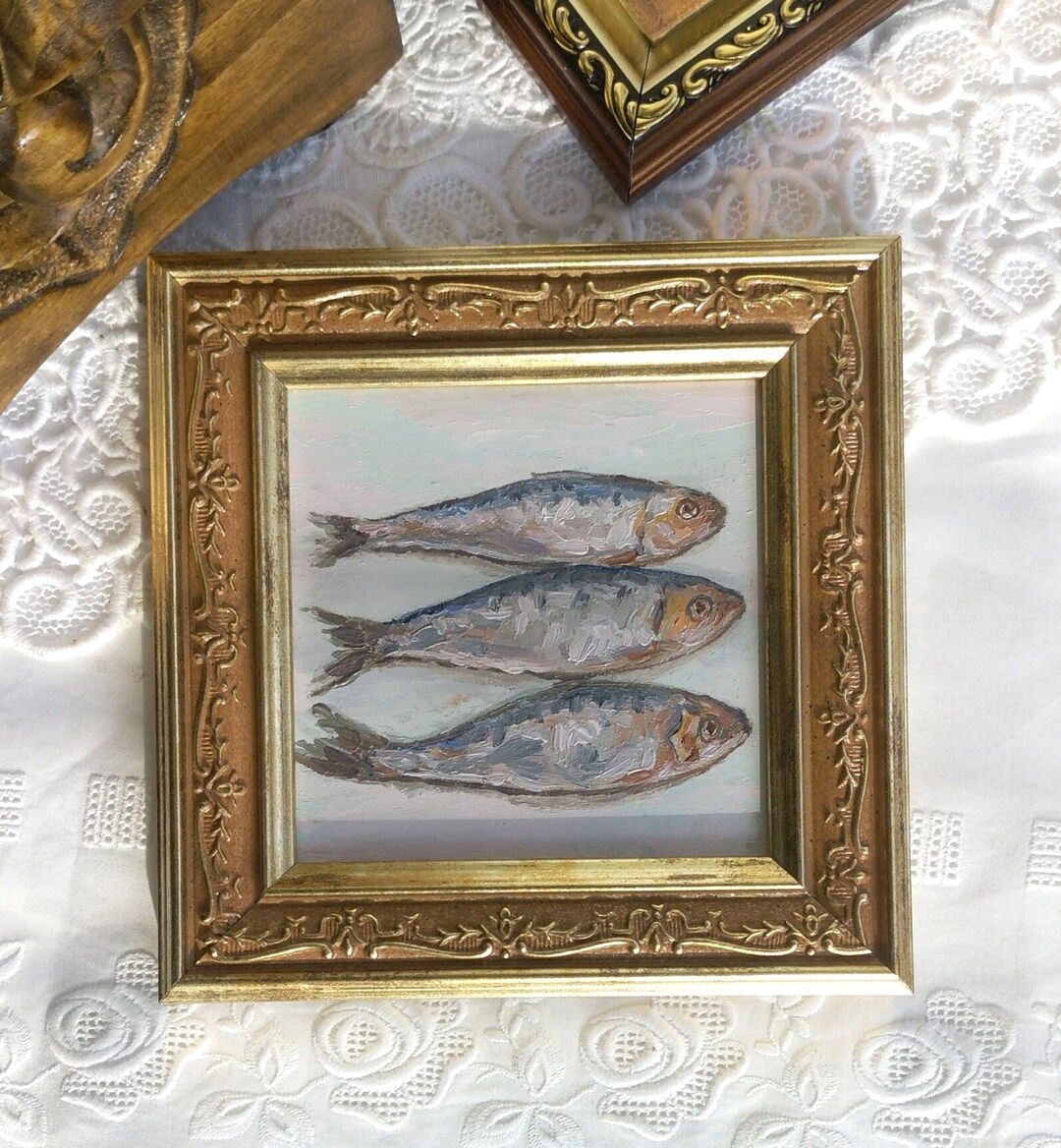 Sardines Painting,framed Artwork,kitchen Wall Decor,fish Painting,vintage Style Art,golden Frame,... | Etsy (US)