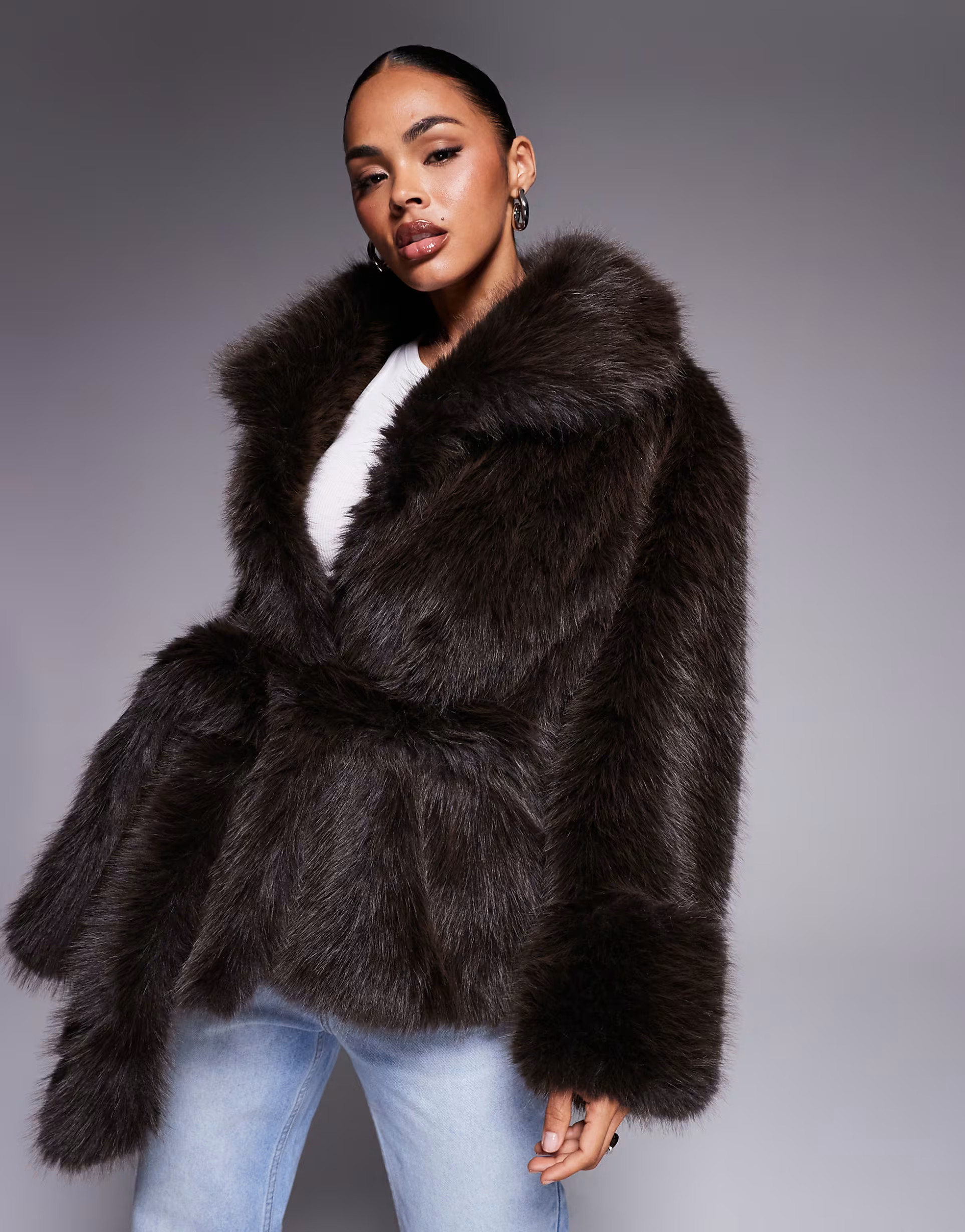 ASOS DESIGN belted faux fur coat in mocha | ASOS (Global)