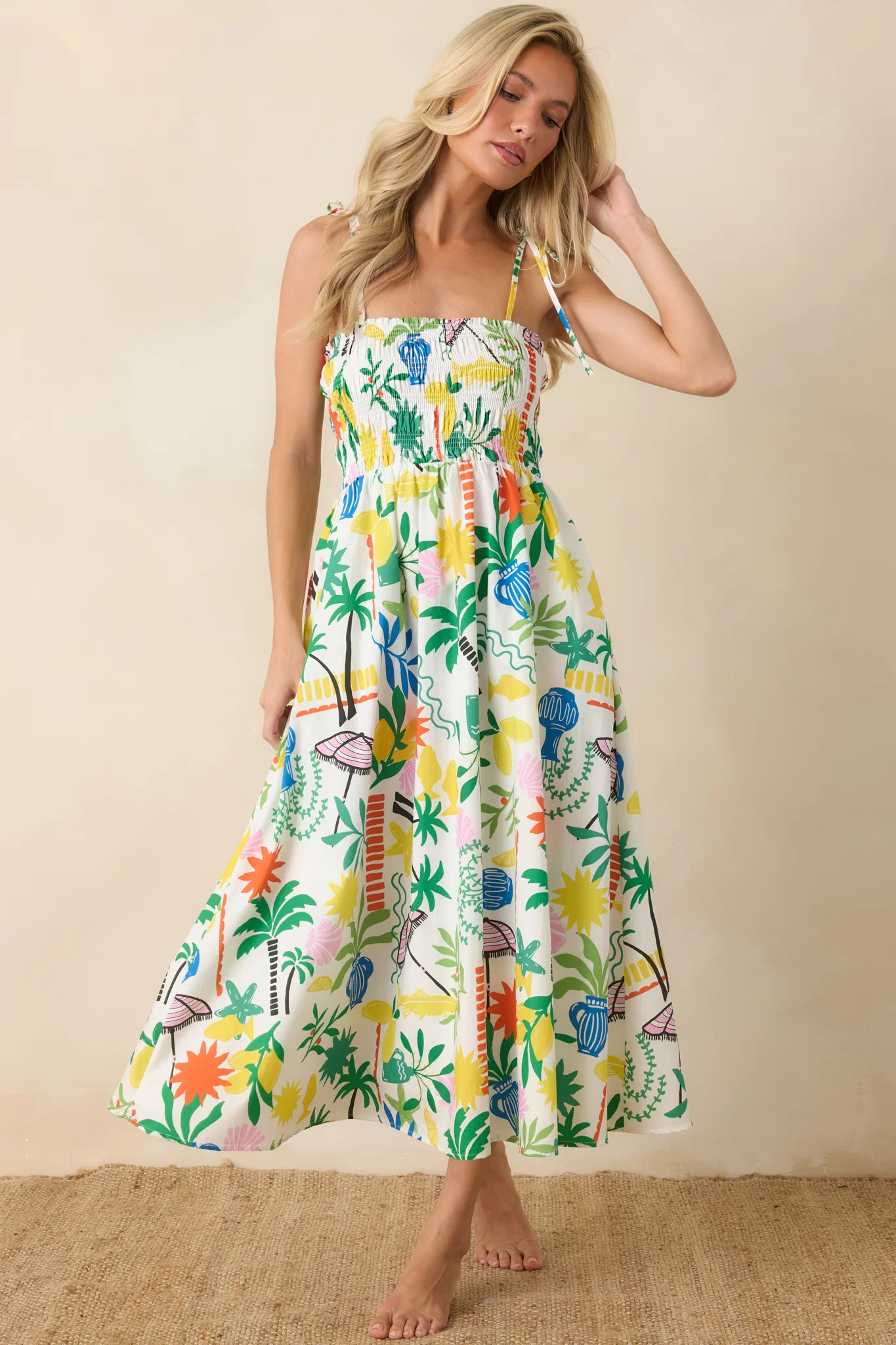 Paradisa Havana White Multi Cotton Coastal Resort Print Midi Dress - XS / White | Red Dress
