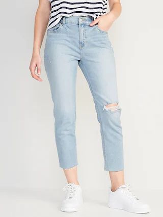 Mid-Rise Light-Wash Ripped Cut-Off Boyfriend Jeans for Women | Old Navy (US)