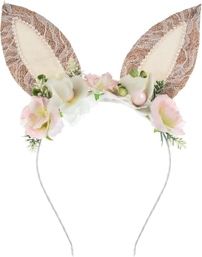 Merroyal Bunny Ears Headband Easter Rabbit Ears Hairband Flower Headpieces for Kids and Adults | Amazon (US)