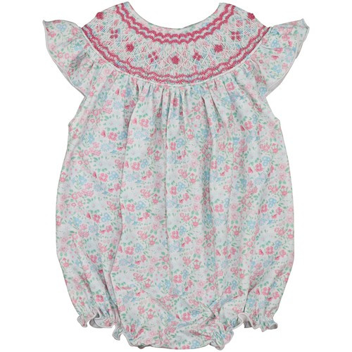 Pink And Blue Floral Knit Smocked Bubble | Cecil and Lou