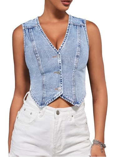 SHENHE Women's Denim Vest Button Down Sleeveless Jean Vest Top Y2K Cropped Denim Top Summer Western Outfits Blue X-Small | Amazon (US)
