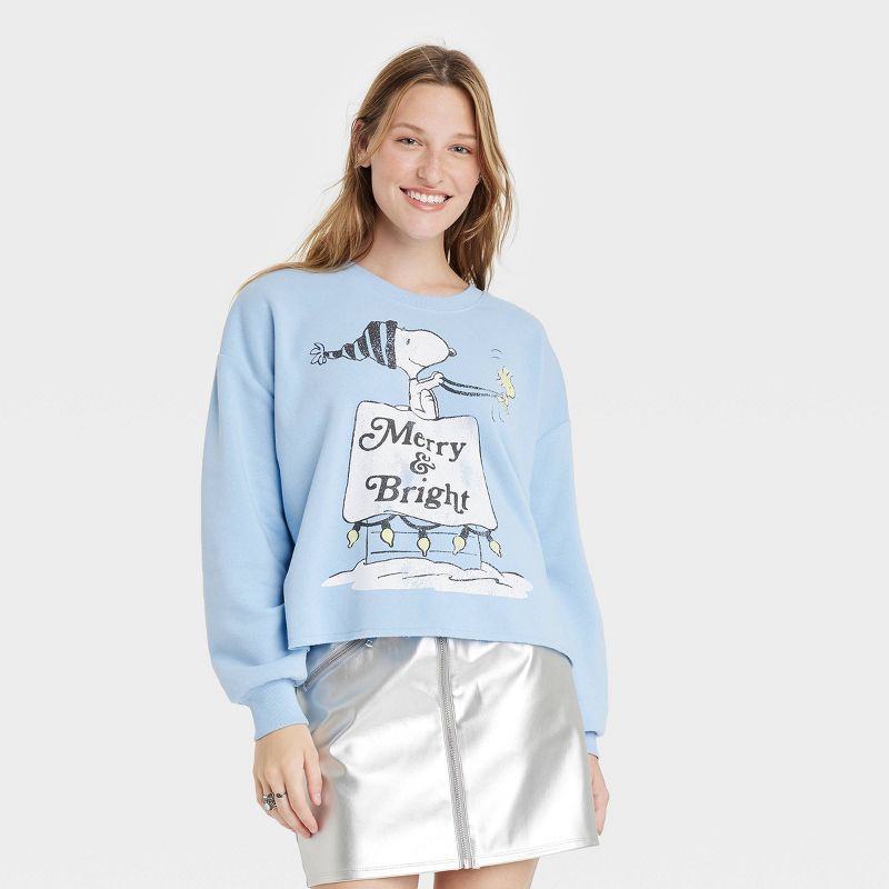 Women's Disney Merry and Bright Snoopy Graphic Sweatshirts - Blue | Target