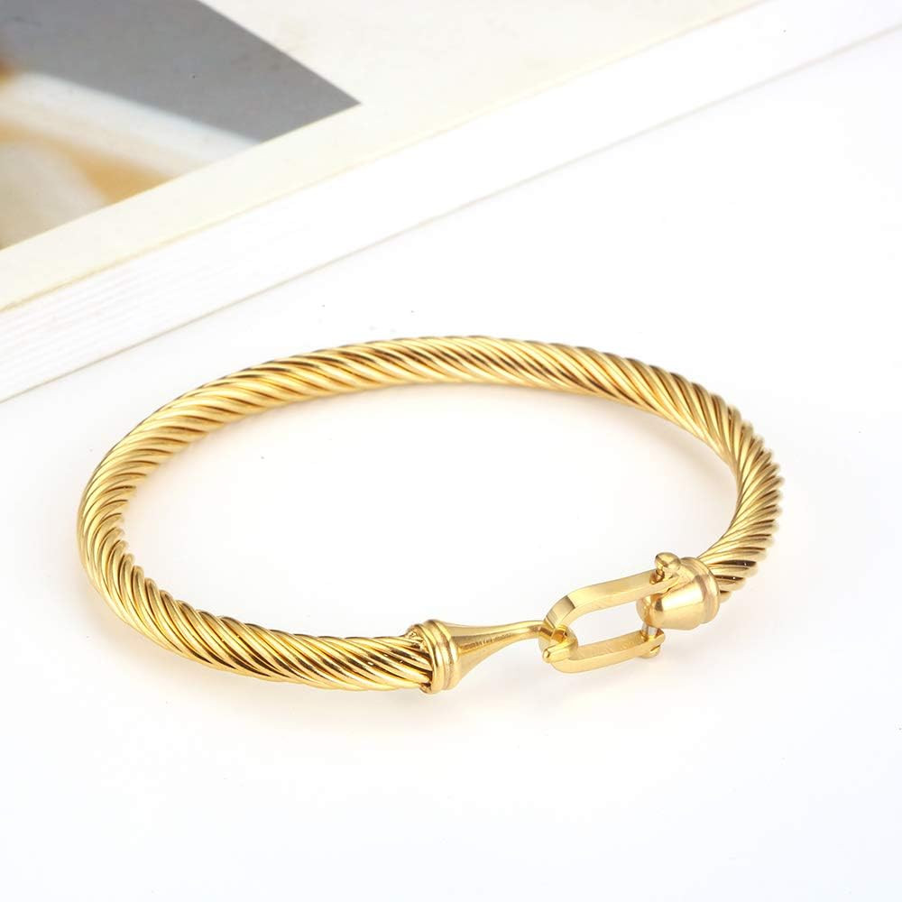 HX SHARE Twisted Cable Bracelet Stylish Fine Stainless Steel Cable Cuff Bracelet with Hook Clasp Bra | Amazon (US)