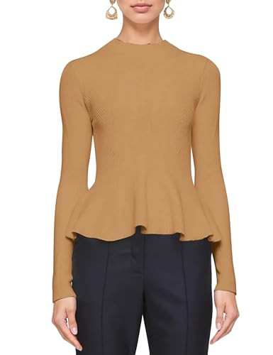 Ymejia Womens Peplum Hem Crew Neck Sweater Basic Slim Fit Long Sleeve Ribbed Tunic Tops Light Brown | Amazon (US)