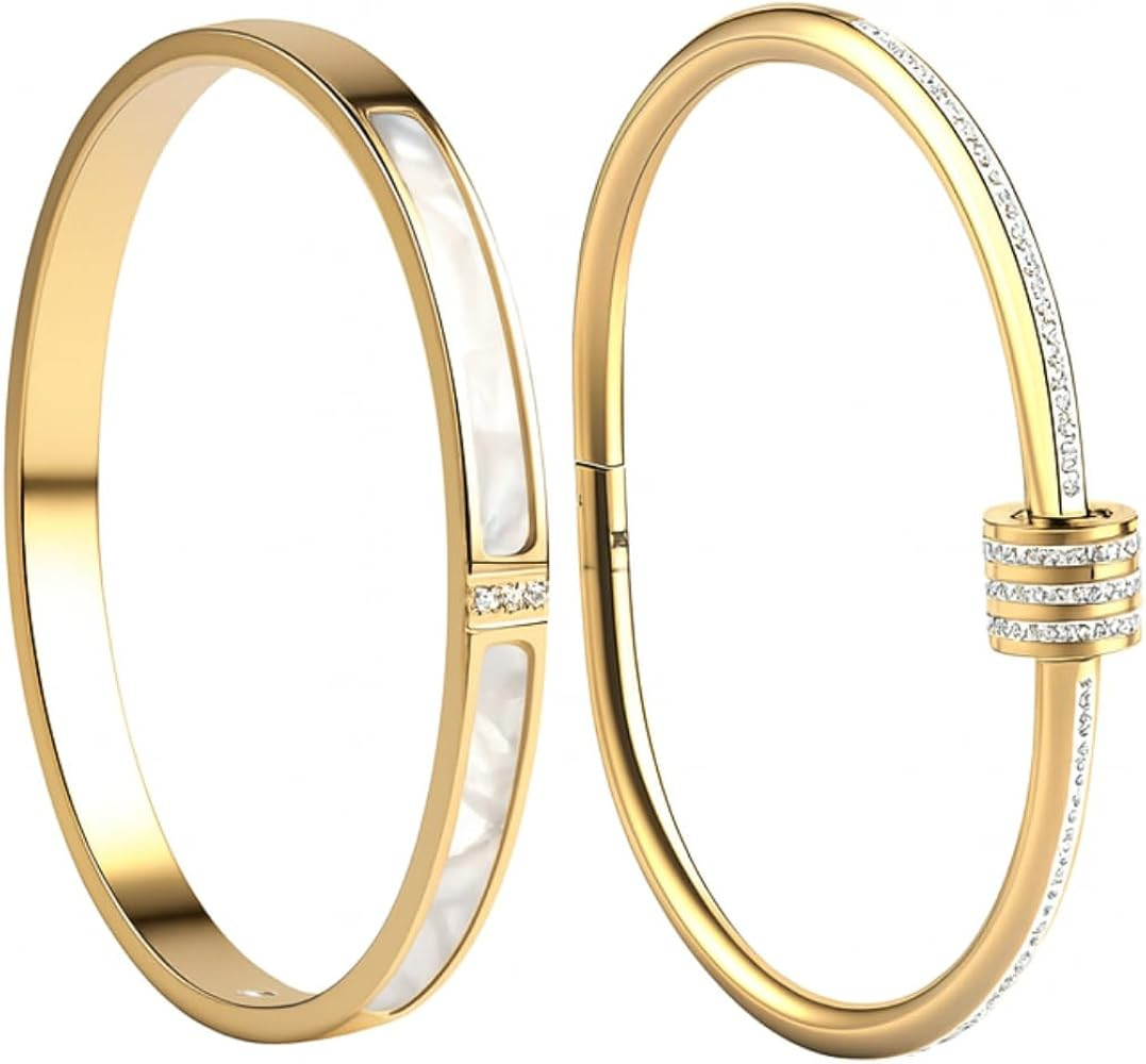 2pcs 18k Gold Bangle Bracelets for Women, Stacking Jewelry Set, Cubic Zirconia Bracelet Stack,Fas... | Amazon (US)