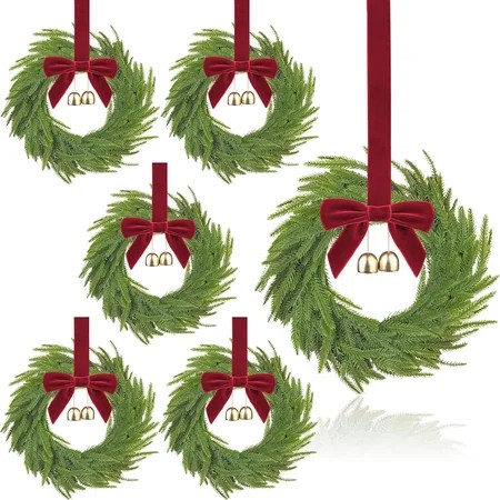 6 pcs 12 inch Small Christmas Wreath, Mini Wreaths for Cabinets with Red Bows & Bells, Artificial Small Window Wreaths Indoor for Kitchen, Stairs Railing & Chairs Home Decor & Christmas Decoration | Walmart (US)