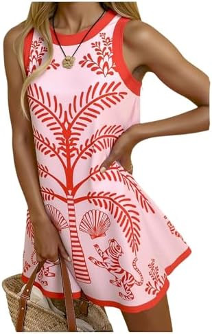 Floerns Women's Summer Holiday Mini Dress Graphic Sleeveless Tank Crew Neck Beach Vacation Sundre... | Amazon (US)