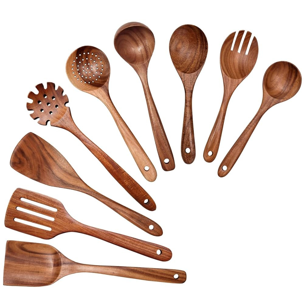 Wooden Spoons for Cooking 9 Pieces Set, Teak Wooden Kitchen Utensil Set, Wooden Cooking Utensils ... | Amazon (US)