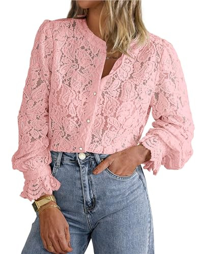 PRETTYGARDEN Women's Dressy Casual Lace Blouse Long Sleeve Button Up Shirts Tops Spring Fall Fash... | Amazon (US)