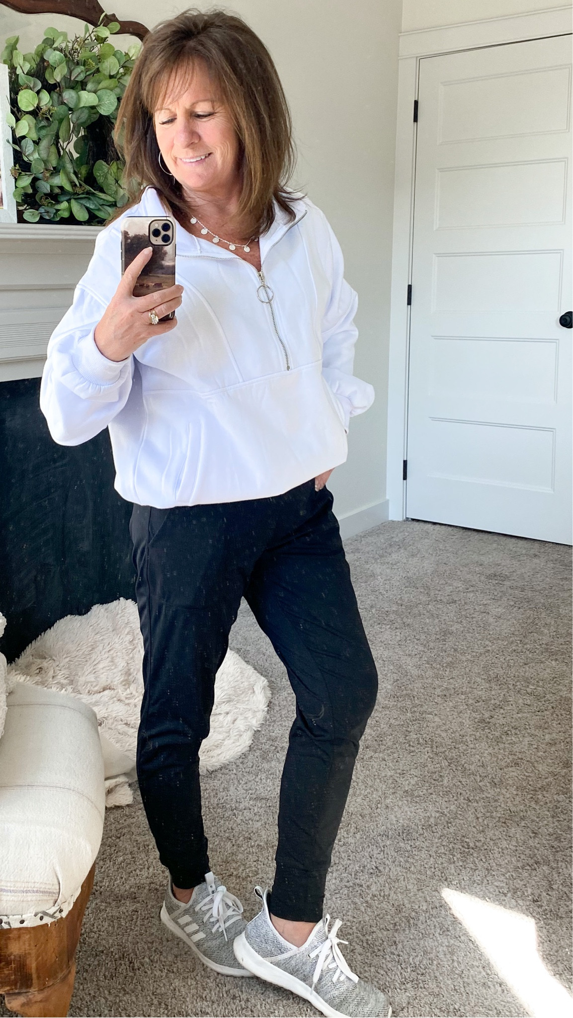 Casual white pullover front zip sweatshirt (sz SMALL) joggers, adidas sneakers 

#LTKunder50 #LTKstyletip