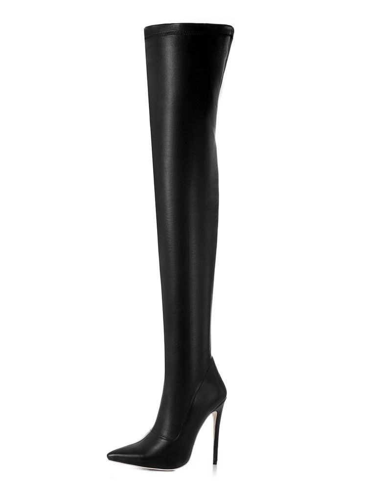 Black Thigh High Boots Women High Heel Boots Pointed Toe Slip On Over Knee Boots | Milanoo