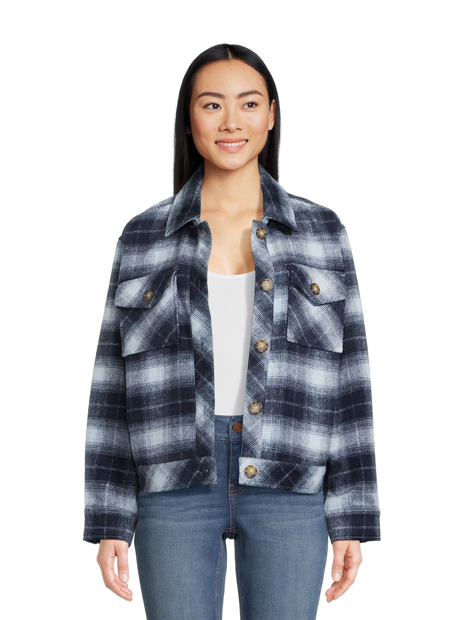 Time and Tru Women's Cropped Plaid Button Down Shacket, Sizes XS-XXXL - Walmart.com | Walmart (US)