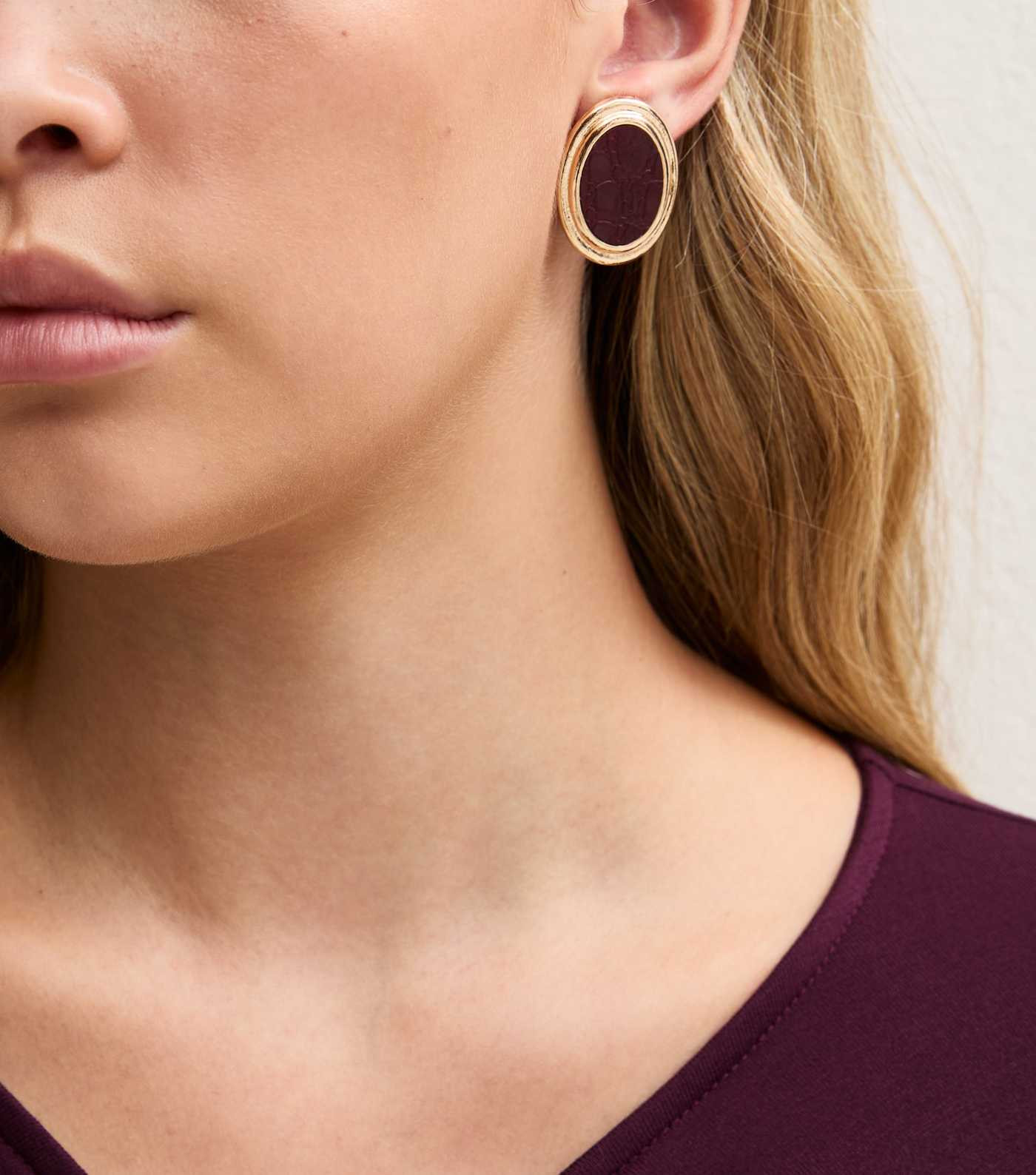 Dark Burgundy Croc Embossed Oval Stud Earrings | New Look | New Look (UK)
