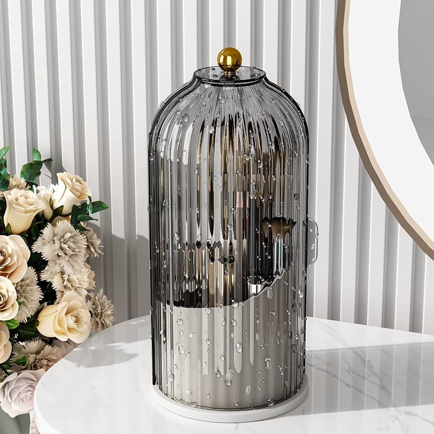 Makeup Brush Holder Organizer with Lid,360 Rotating Clear Dustproof Makeup Brushes Organizer for ... | Amazon (US)