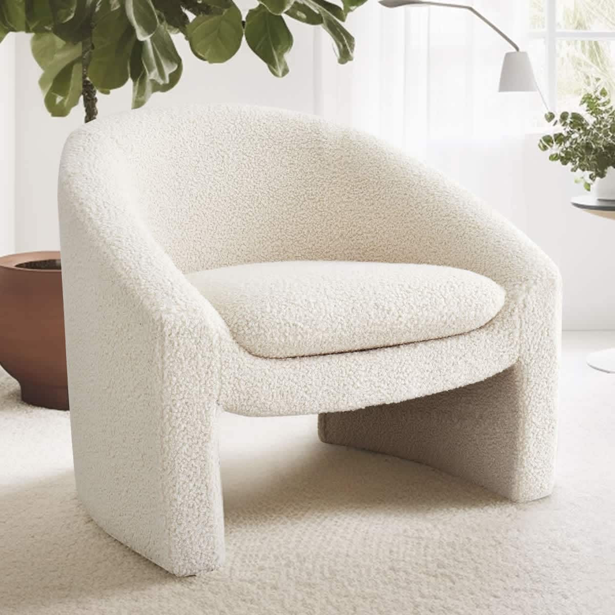Maison Boucle Modern Beige Faux Shearling Barrel Accent Chair with Wide Seat Curved Back Armrest for Living Room one_size in White | KIKI-TEDDY-BEIGE | Lowe's