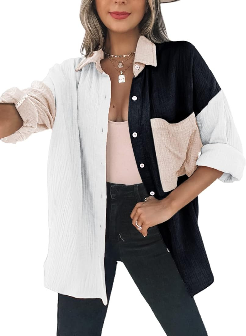 Dokotoo Womens Color Block Button Down Shirts Long Sleeve Oversized Boyfriend Blouses Tops | Amazon (US)