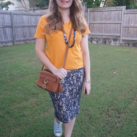 A more colourful office outfit with my yellow tee, lace pencil skirt and blue Converse 💙💛

#LTKaustralia #LTKworkwear #LTKbag