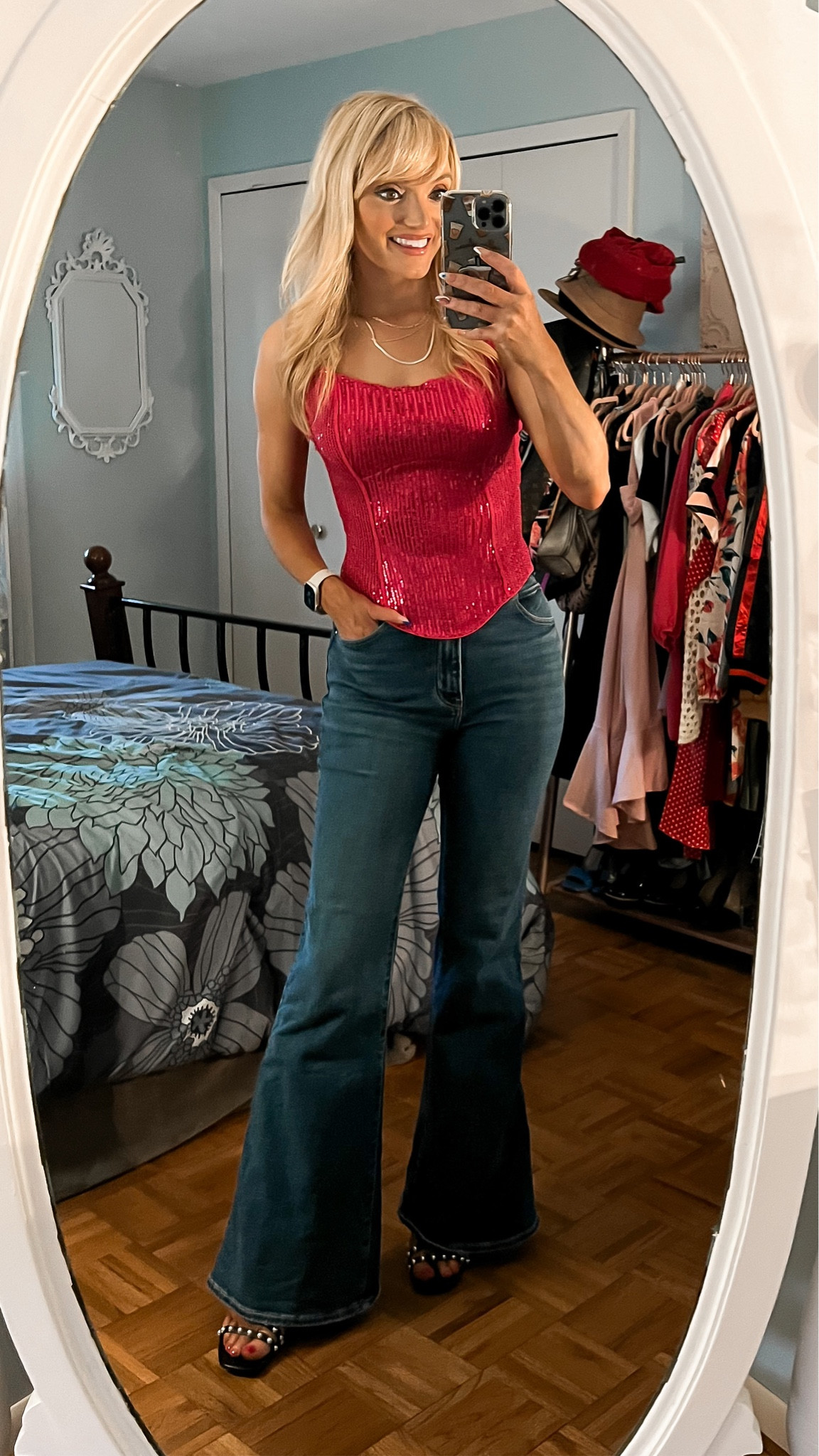 Pink sequin corset top - Abercrombie & fitch flared jeans - Pearl embellished stilettos - Barbie core style - Barbie pink - Barbie movie - going out outfit - date night outfit - girls night out outfit - Amazon Fashion - Amazon finds 

#LTKSeasonal #LTKstyletip #LTKunder50
