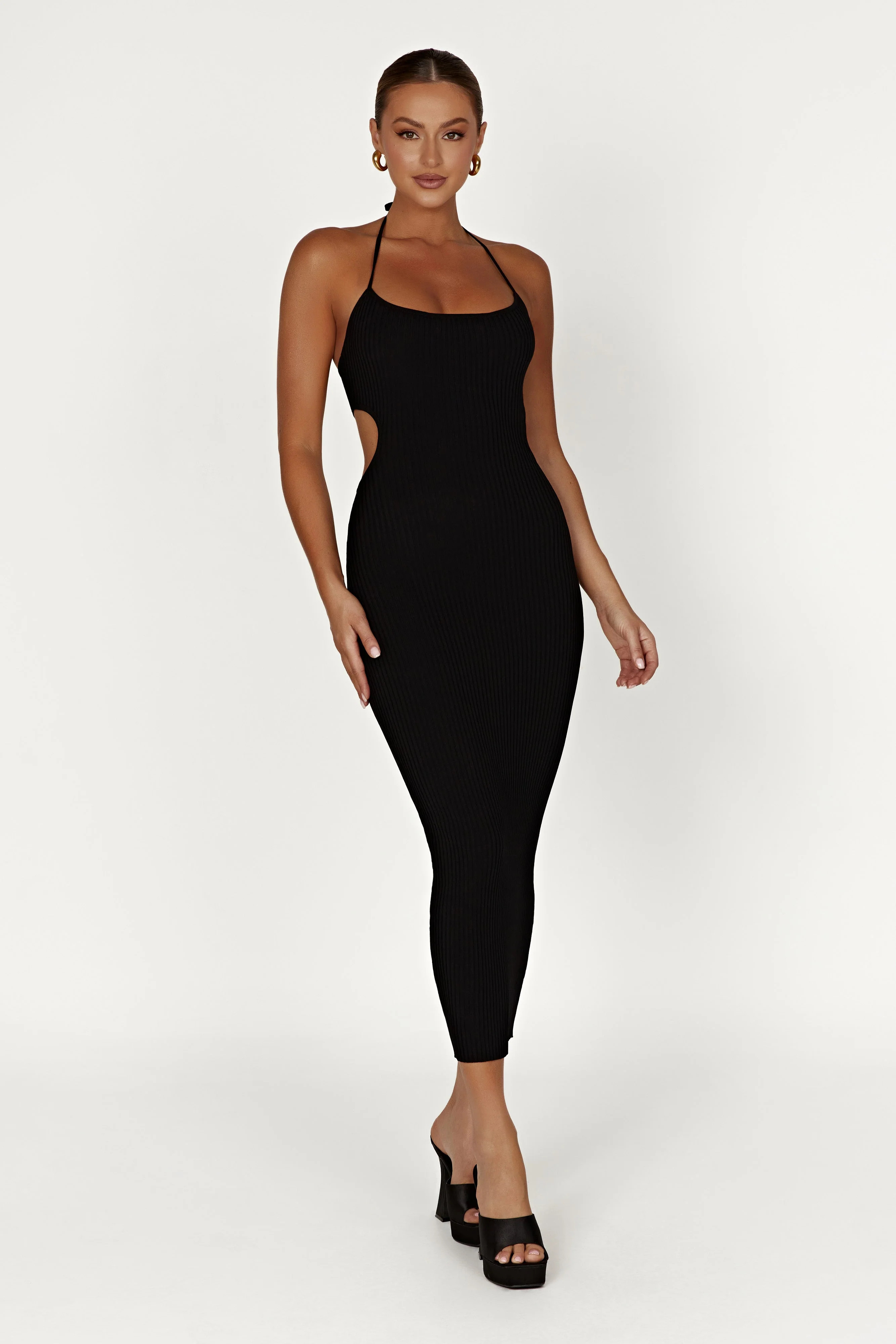 Morgan Halter Knit Midi Dress - Black | MESHKI US