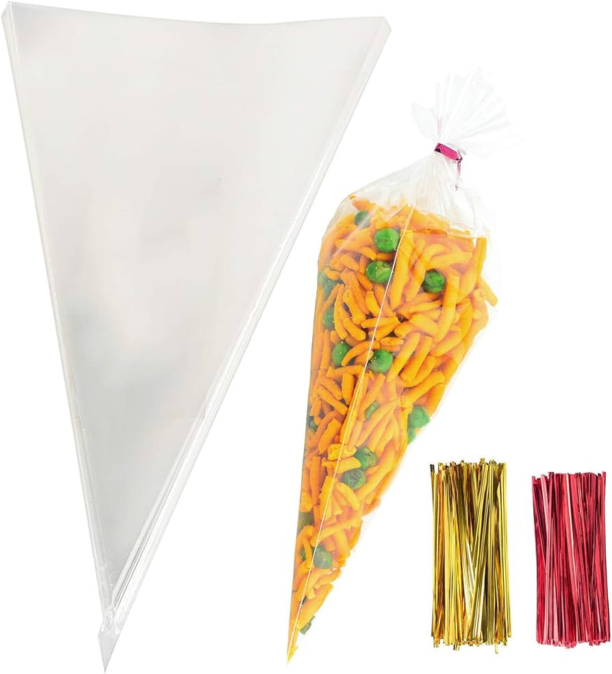 Morepack Cone Cellophane Bags,200 Pieces 6.3"x11.8" Cello Clear Cone Shaped Treat Bags with Twist... | Amazon (US)