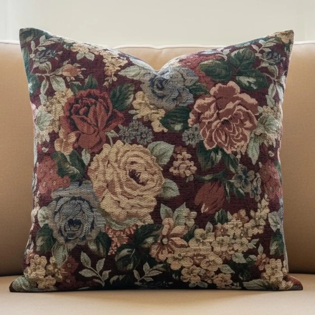 Burgundy Floral Pillow Cover Vintage Rose Throw Pillow Cottage Floral Lumbar Pillow Cover Farmhou... | Etsy (Global)