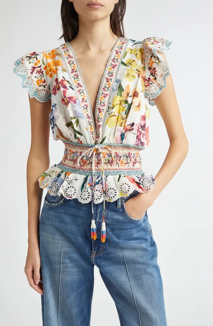 FARM Rio Greek Garden Swiss Dot Flutter Sleeve Plunge Neck Cotton Top | Nordstrom | Nordstrom