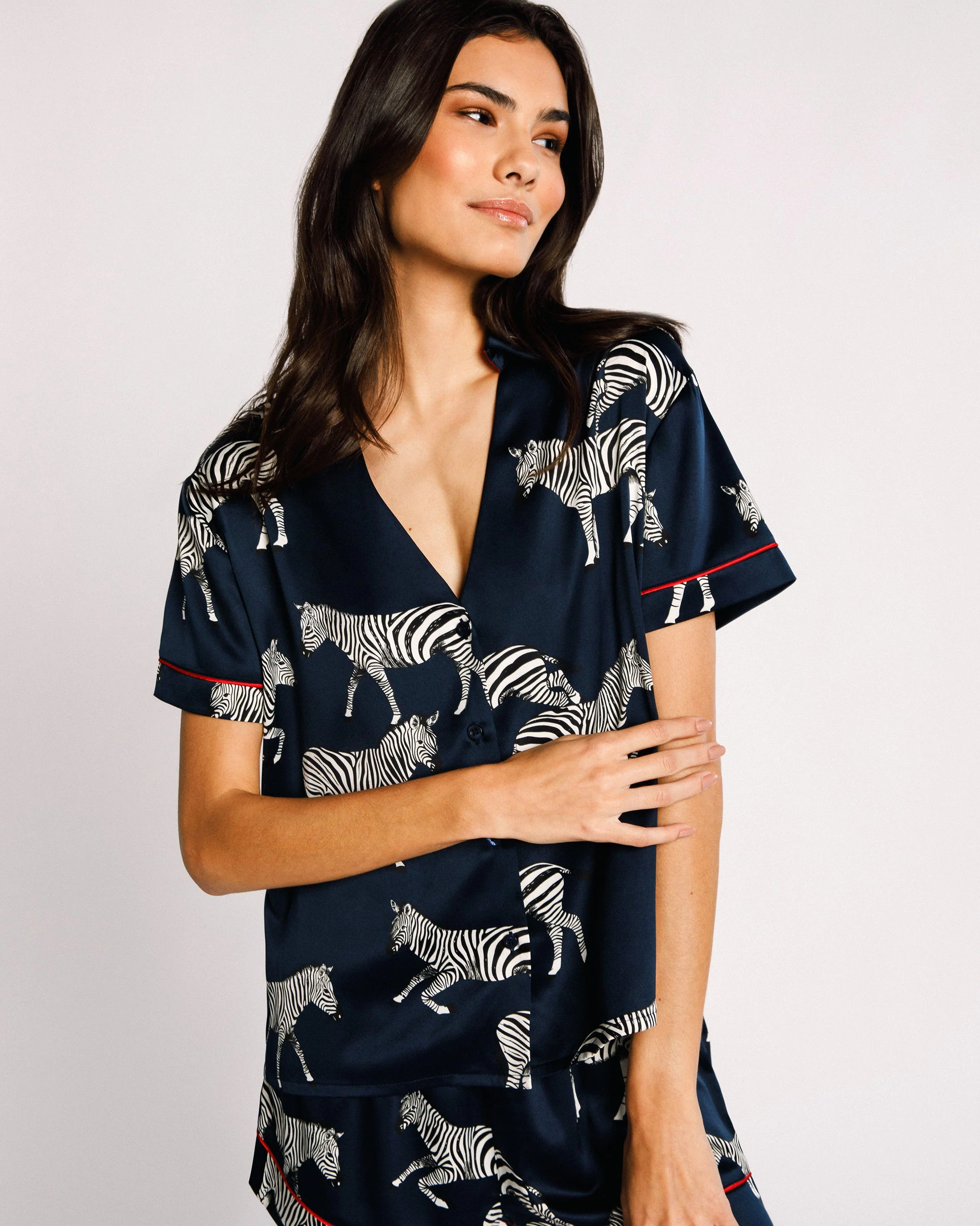 Satin Zebra Print Short Pyjama Set - Navy | Chelsea Peers NYC