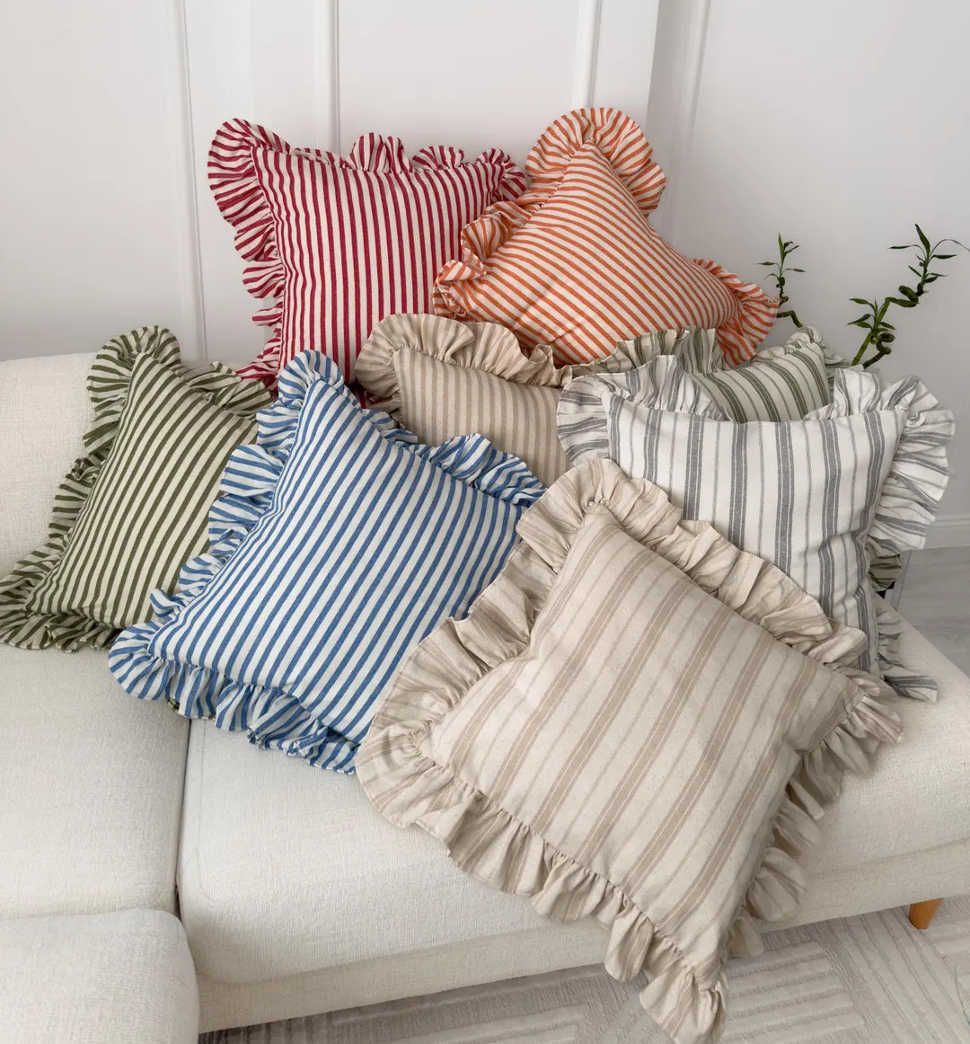 Cotton Striped Ruffle Cushion Cover Farmhouse Pillow Cover with Frill Edge (All Sizes) | Etsy (Global)