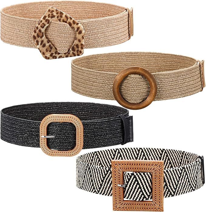4 Pieces Straw Belts for Women Dresses Straw Woven Elastic Waist Belt Stretch Braided Wide Waist Bel | Amazon (US)