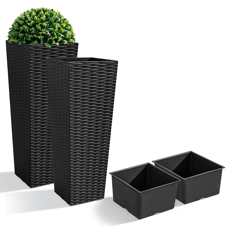 JUMMICO Set of 2 Resin Rattan Planters Outdoor, Large Tapered Planters with Drainage Holes&Inner ... | Amazon (US)