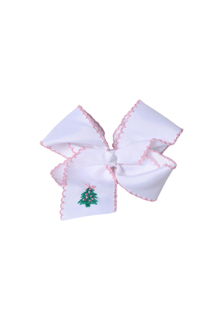 Embroidered Pink Christmas Tree Grosgrain Bow | The Smocked Flamingo