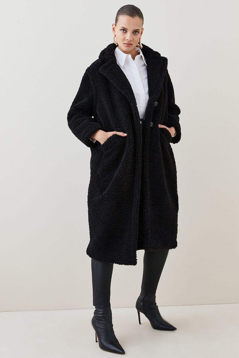 Longline Borg Cosy Coat | Karen Millen UK + IE + DE + NL