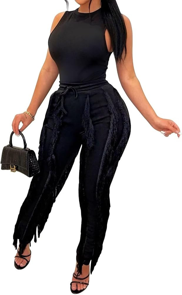 EDITCOZY Women Sexy Two Piece Outfits Fringe Pants Set Tassel Club 2 Piece Sets Going Out Birthda... | Amazon (US)