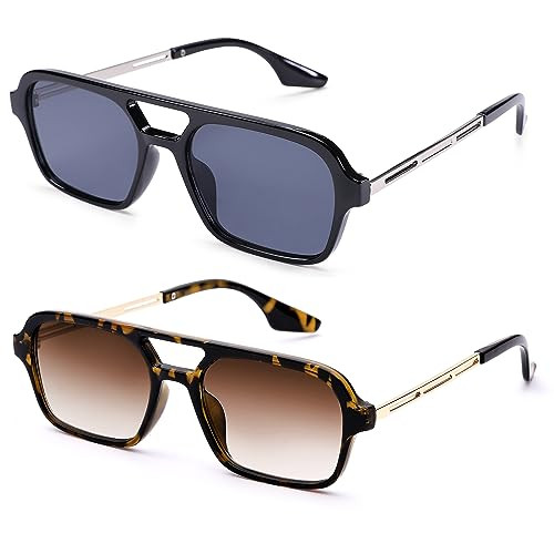 COASION Vintage 70s Flat Aviator Small Frame Sunglasses for Women Men Square Metal Design UV400 Protection Shades (Black Frame/Grey Lens + Leopard Frame/Gradient Brown Lens) | Amazon (US)