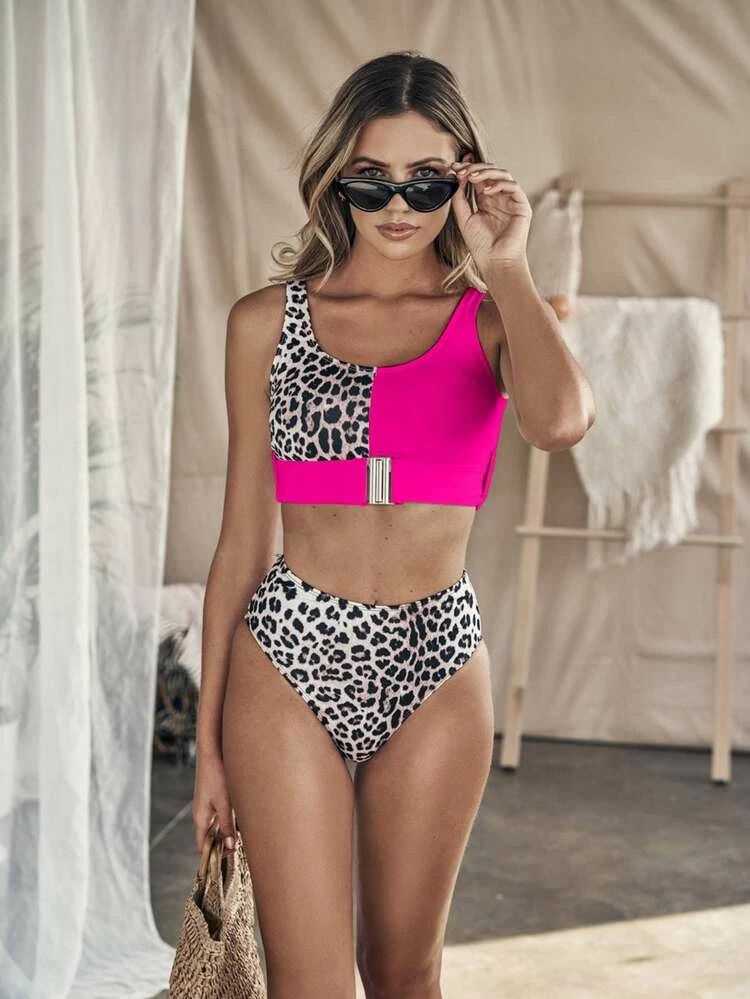 Contrast Leopard Buckle Waist Bikini Swimsuit | SHEIN