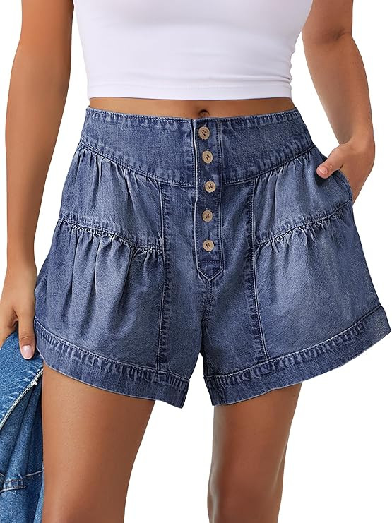 ANRABESS Women's Denim Shorts Summer Baggy High Waisted Flowy Wide Leg Buttons Pleated Casual Jea... | Amazon (US)