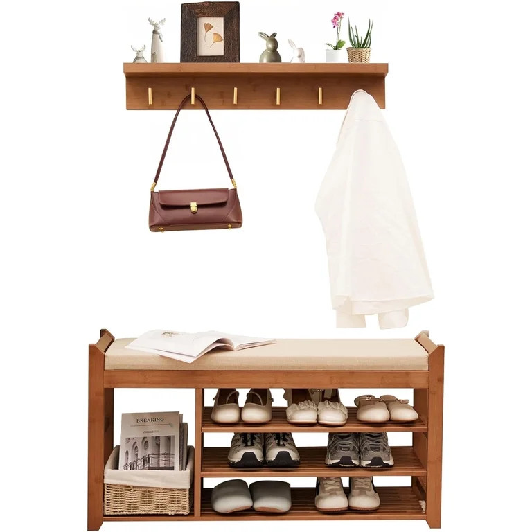 Hall Tree with Bench and 39" Shoe Storage, Coat Rack Shoe Bench Set with Seat Cushion and 6 Hooks... | Walmart (US)