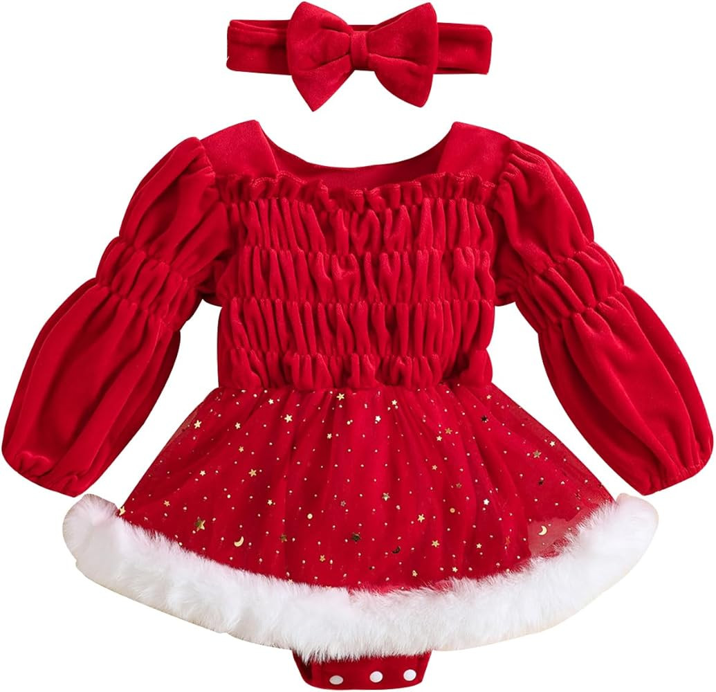 FYBITBO Baby Girl Christmas Outfit Newborn Christmas Romper Dress Red Velvet Romper Baby Santa Ou... | Amazon (US)