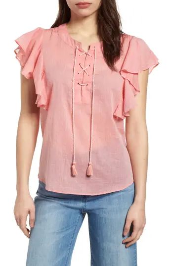 Petite Women's Caslon Flounce Sleeve Lace-Up Blouse, Size XX-Small P - Coral | Nordstrom