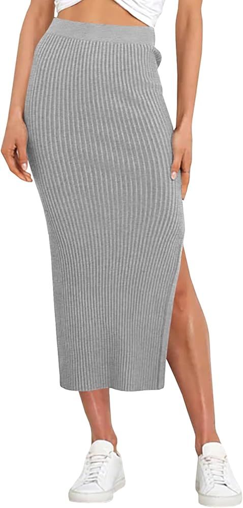 Runcati Women's Bodycon Knitted Pencil Skirts Elastic Split High Waisted Midi Skirt | Amazon (US)