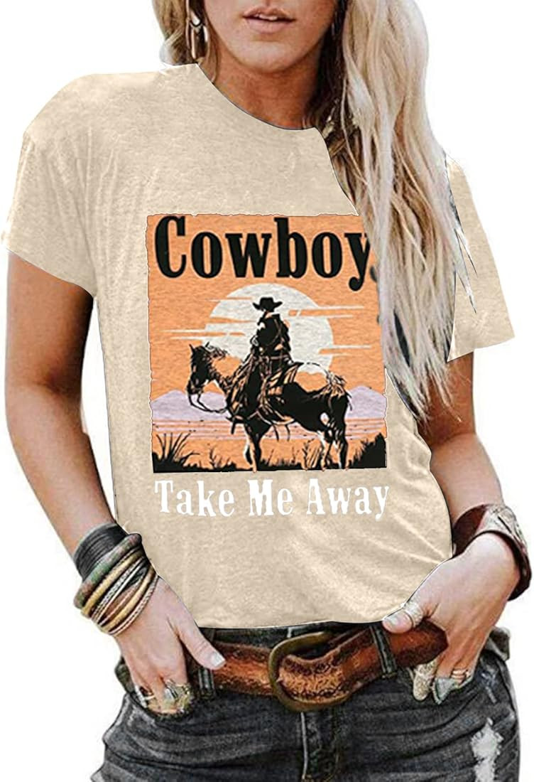 Cowboy Take Me Away Graphic Oversize Tshirt Women Western Vintage Tees Short Sleeve Rodeo Tops Co... | Amazon (US)