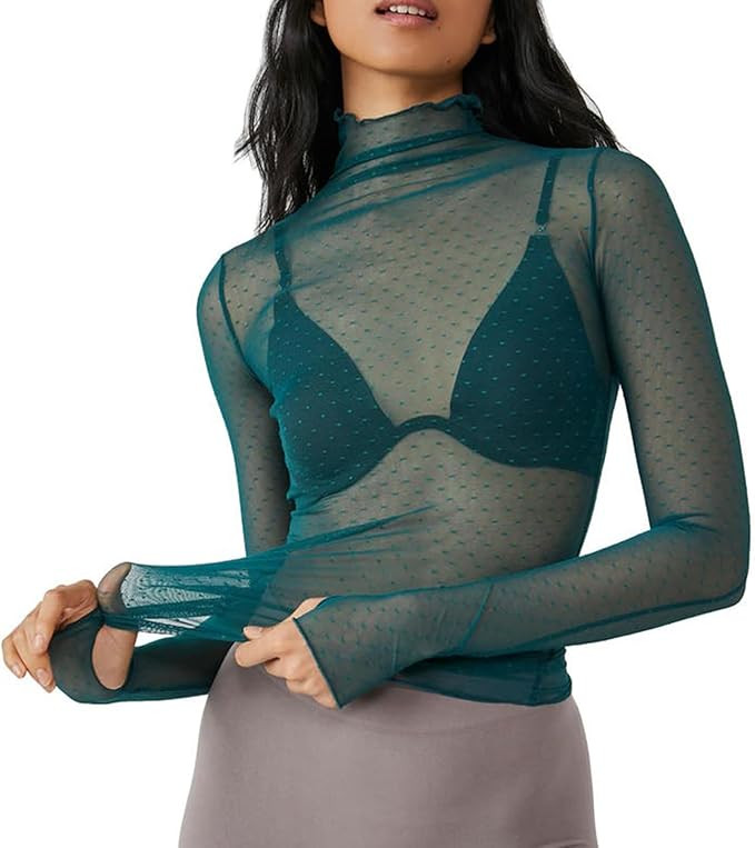 Women Sheer Mesh Long Sleeve Crop Tops Mock Neck Floral Lace Shirt Tops Sexy See Through Blouse T... | Amazon (US)