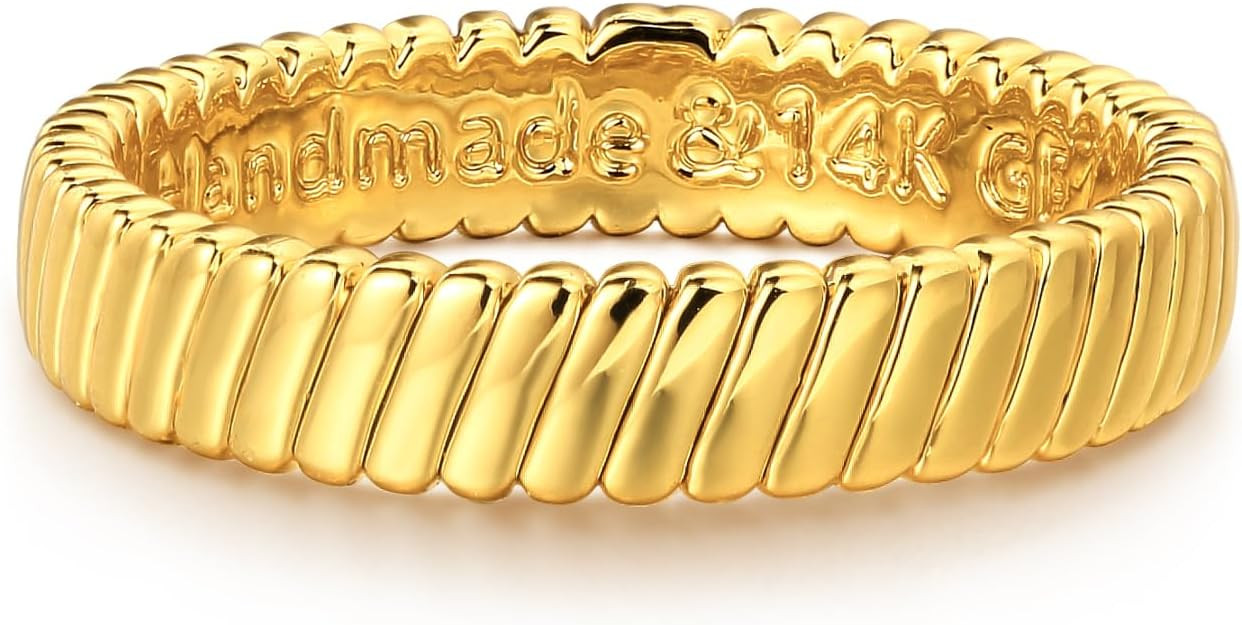 Gold Flat Ribbed Ring for Women 14K Gold Plated Minimalist Stack 4MM Wide Band Finger Jewelry Siz... | Amazon (US)