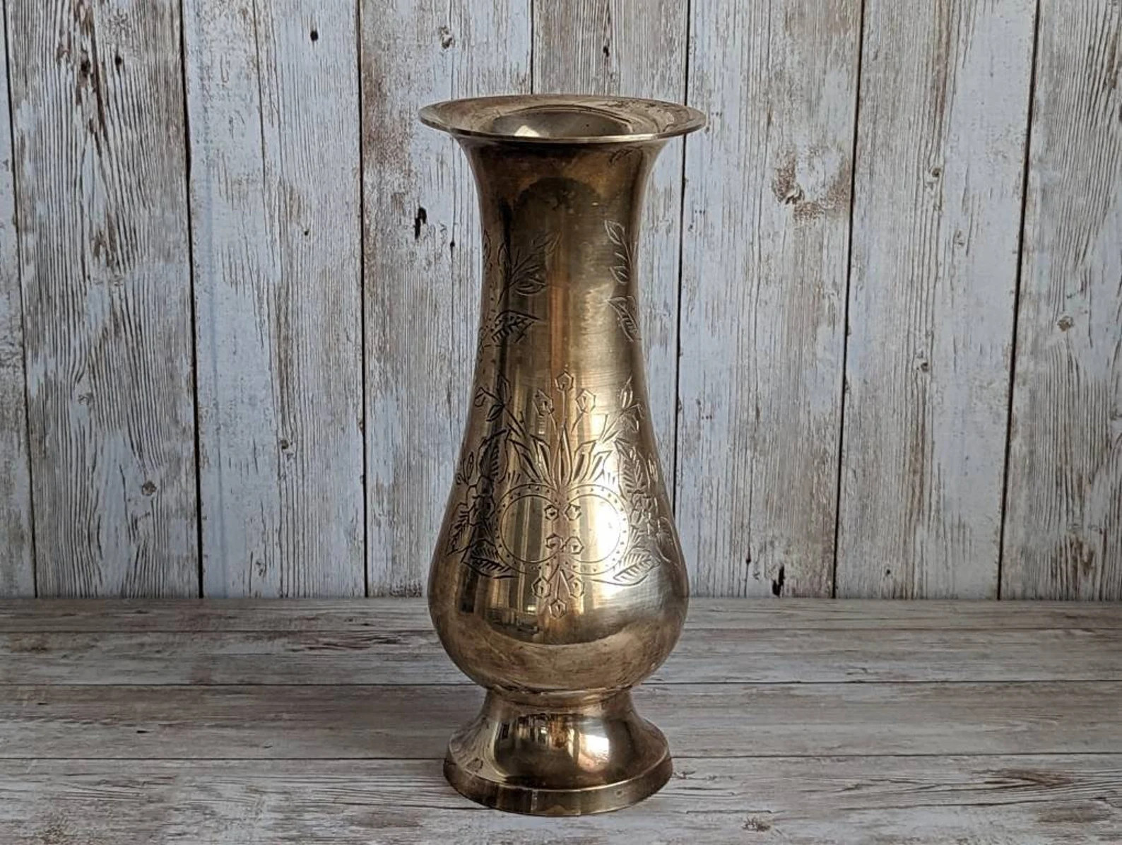 Vintage Boho Chic Floral Etched Brass Vase Made in India | Etsy (US)